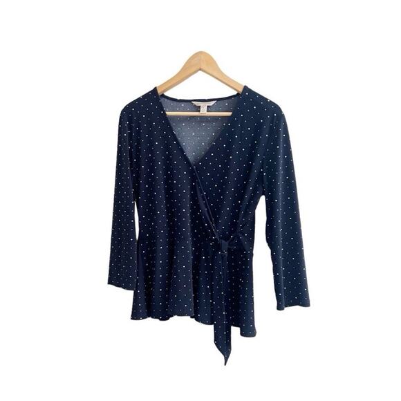 Banana Republic Polka Dot Wrap Peplum Blouse Jersey Stretch Size Medium Navy - Picture 1 of 10